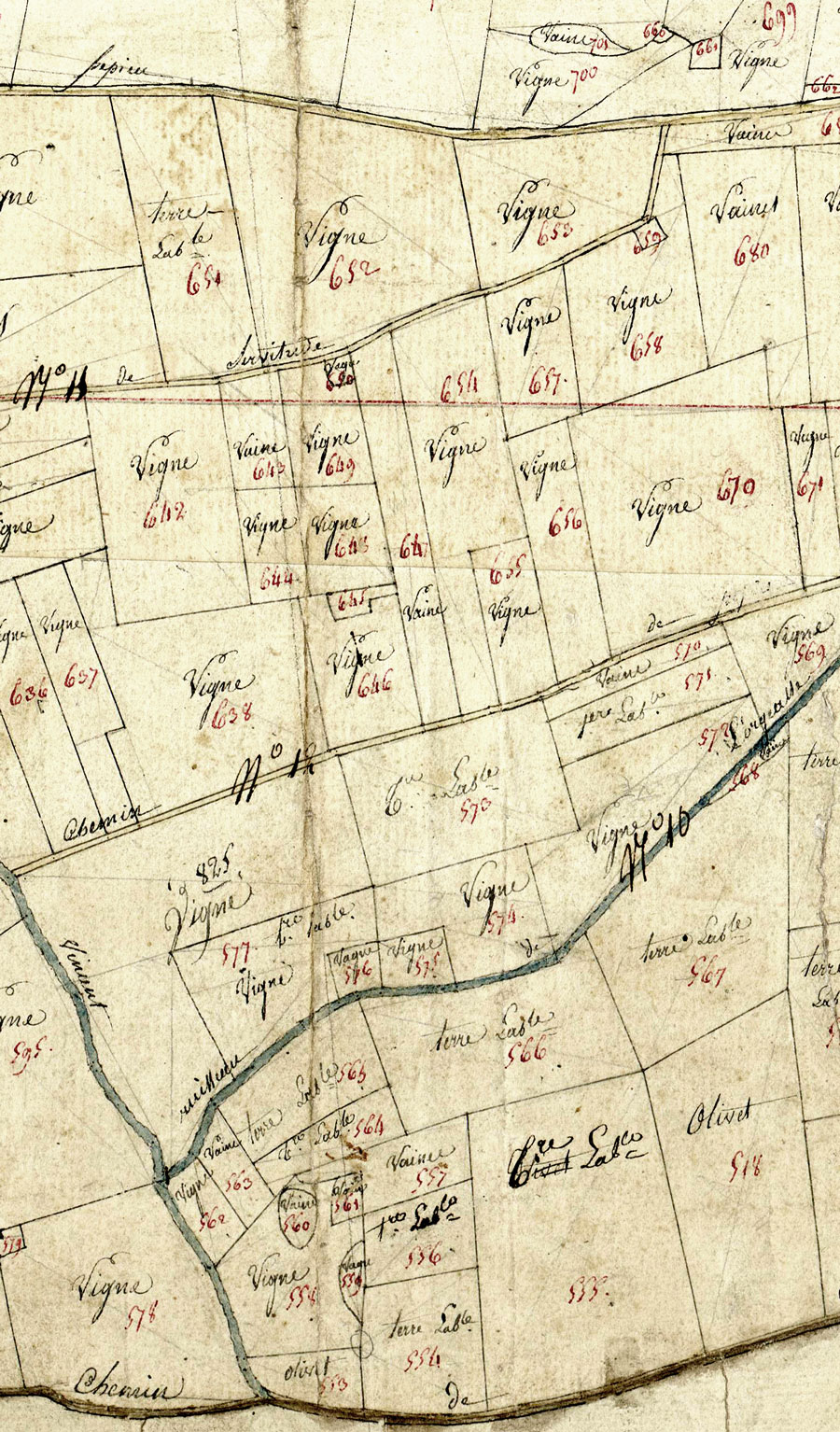 Extrait du plan napoléonien du village montrant des parcelles en culture en 1814.